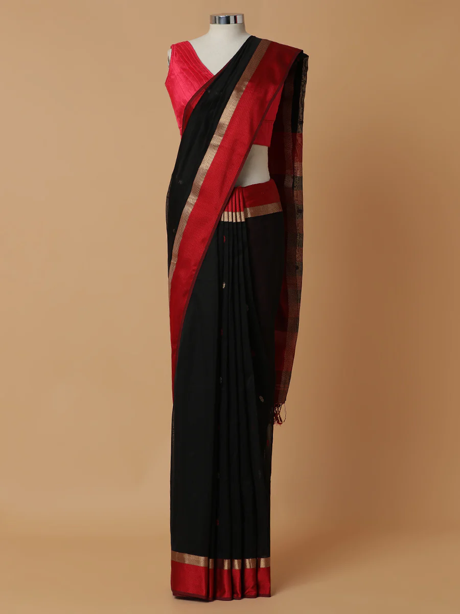 Maheshwari Cotton Silk Black Saree With Woven Butta - Image 5