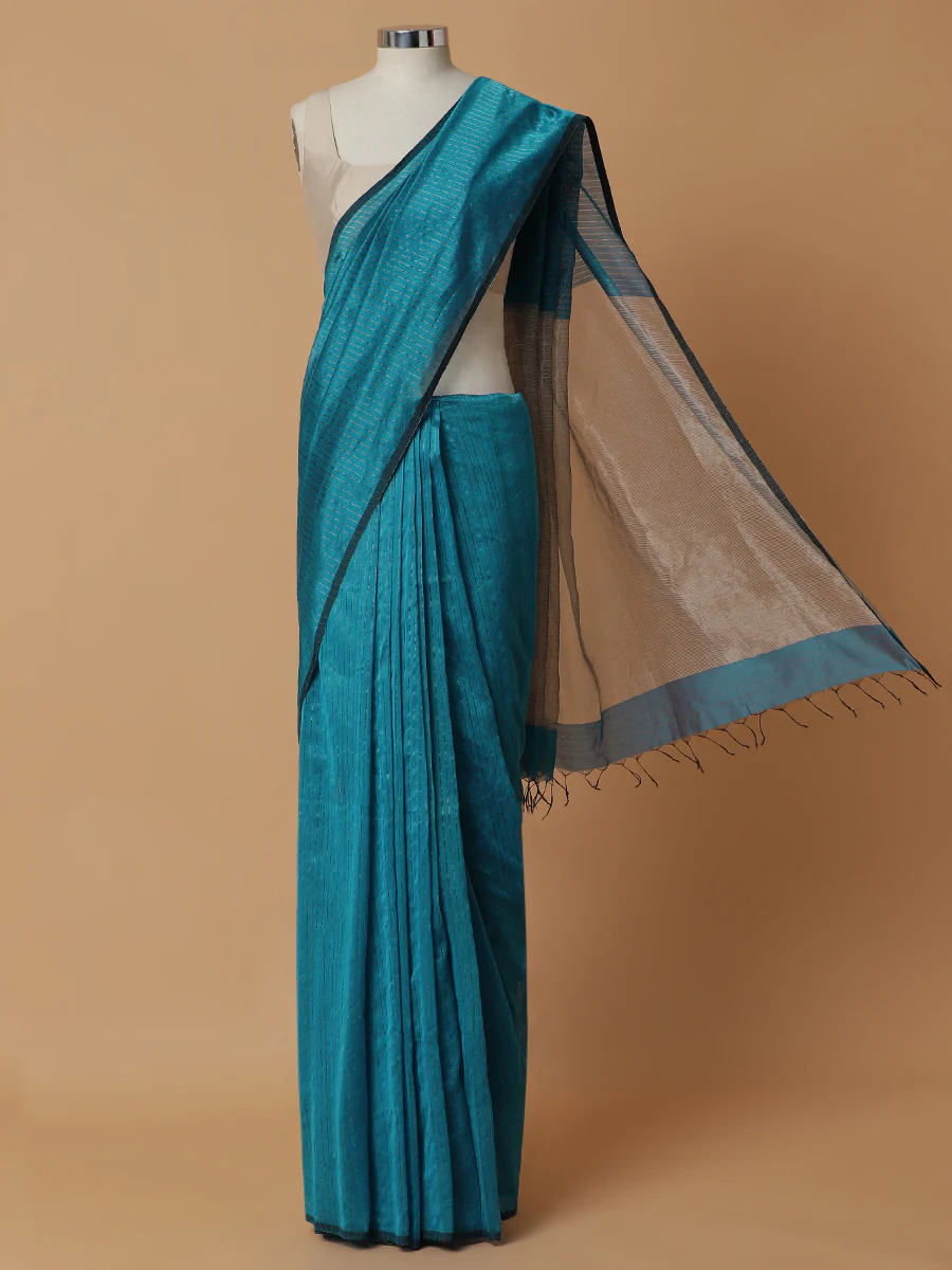 Maheshwari Cotton Silk Blue Striped Saree With Silver Border