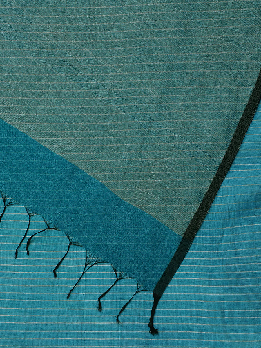 Maheshwari Cotton Silk Blue Striped Saree With Silver Border - Image 2