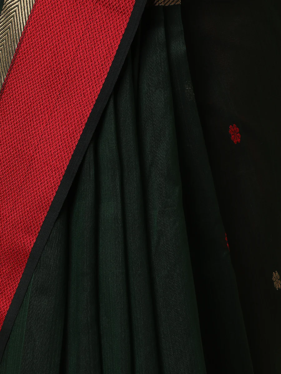 Maheshwari Cotton Silk Bottle Green Saree With Woven Butta - Image 3