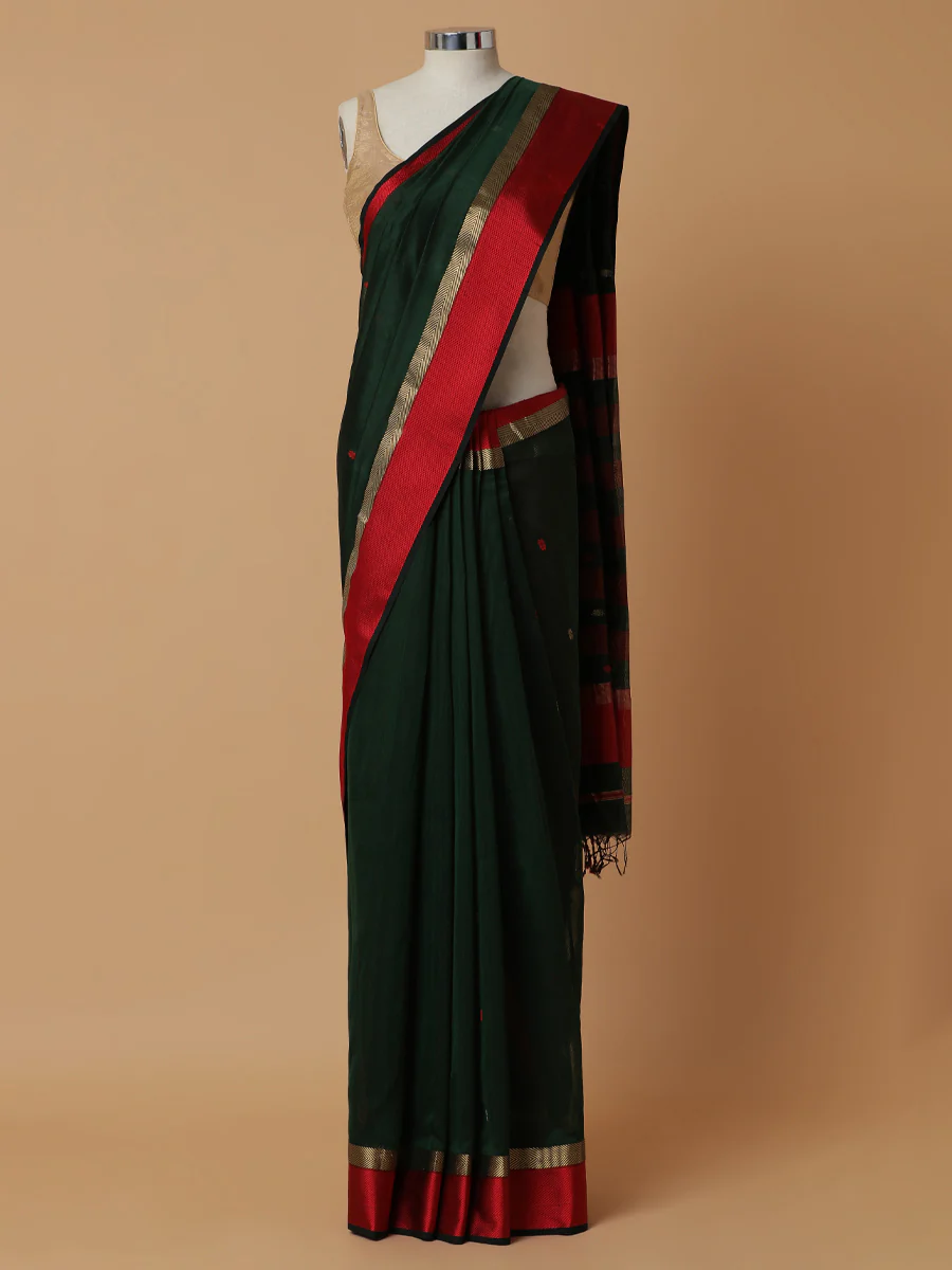 Maheshwari Cotton Silk Bottle Green Saree With Woven Butta - Image 5