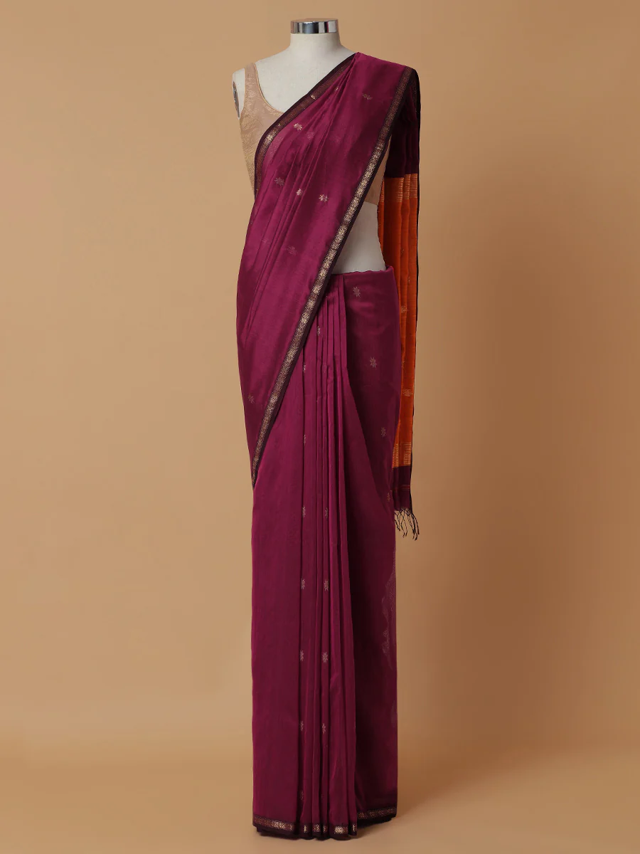 Maheshwari Cotton Silk bright Pink Saree With Chameli Phool Butta - Image 5