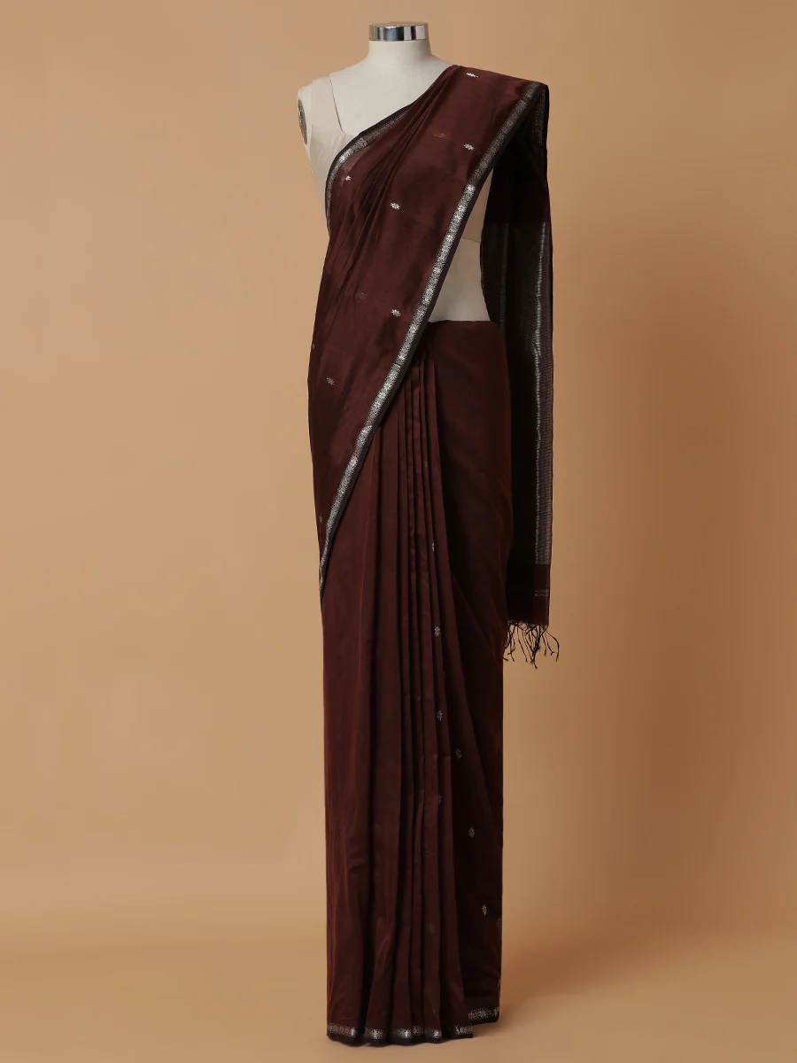 Maheshwari Cotton Silk Brown Chameli Butta Saree with Silver Border - Image 5