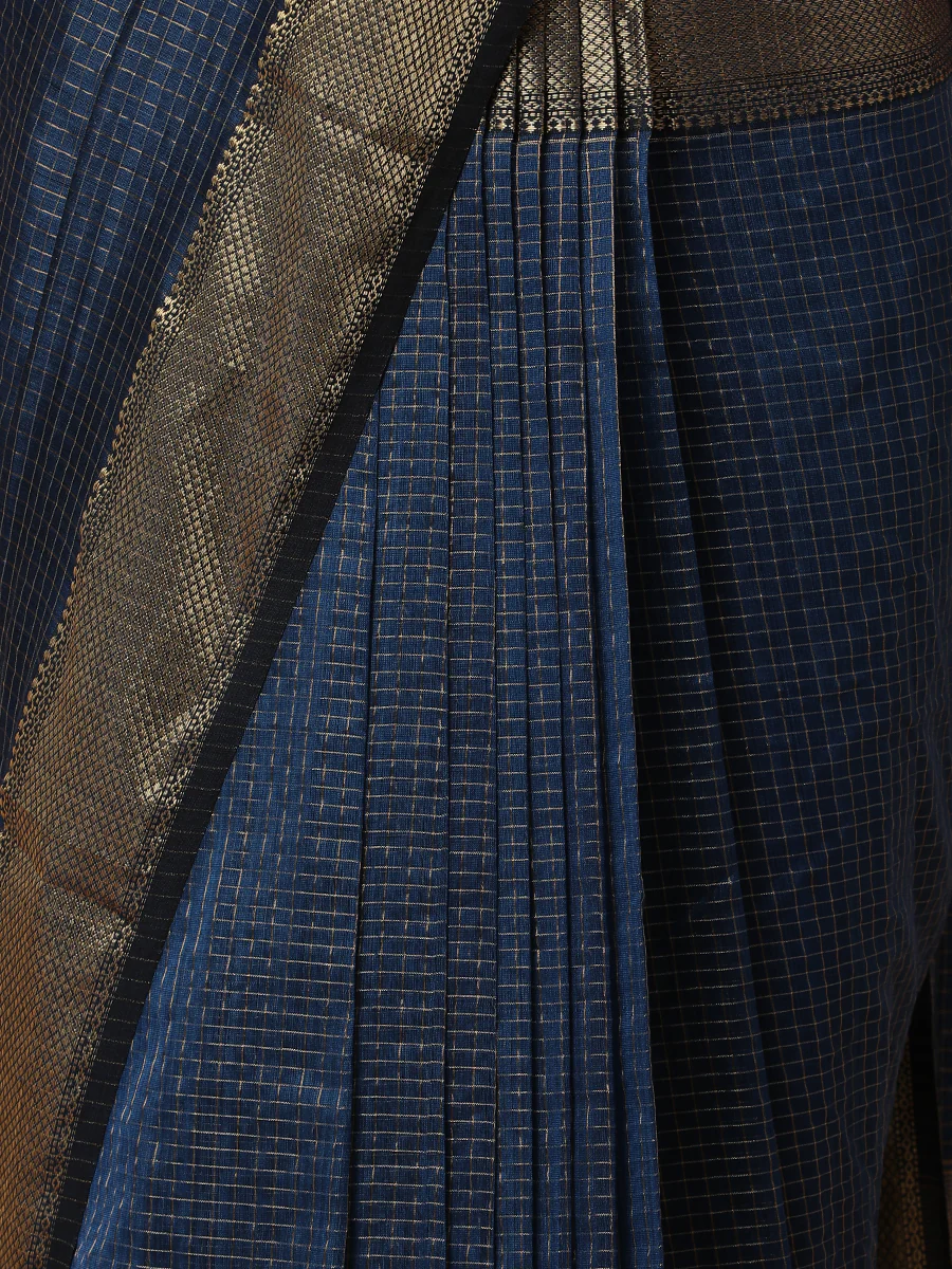 Maheshwari Cotton Silk Crystal Teal Pin Check Zari Saree - Image 3