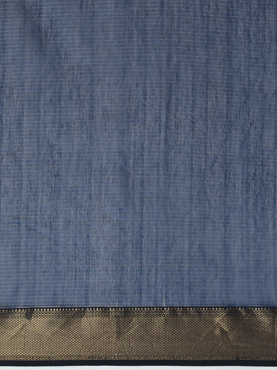 Maheshwari Cotton Silk Crystal Teal Pin Check Zari Saree - Image 4