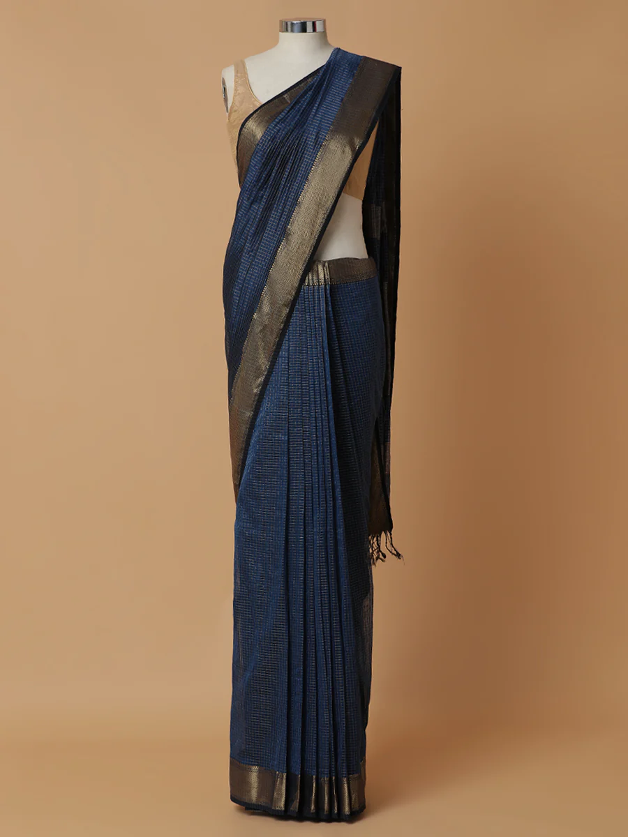 Maheshwari Cotton Silk Crystal Teal Pin Check Zari Saree - Image 5