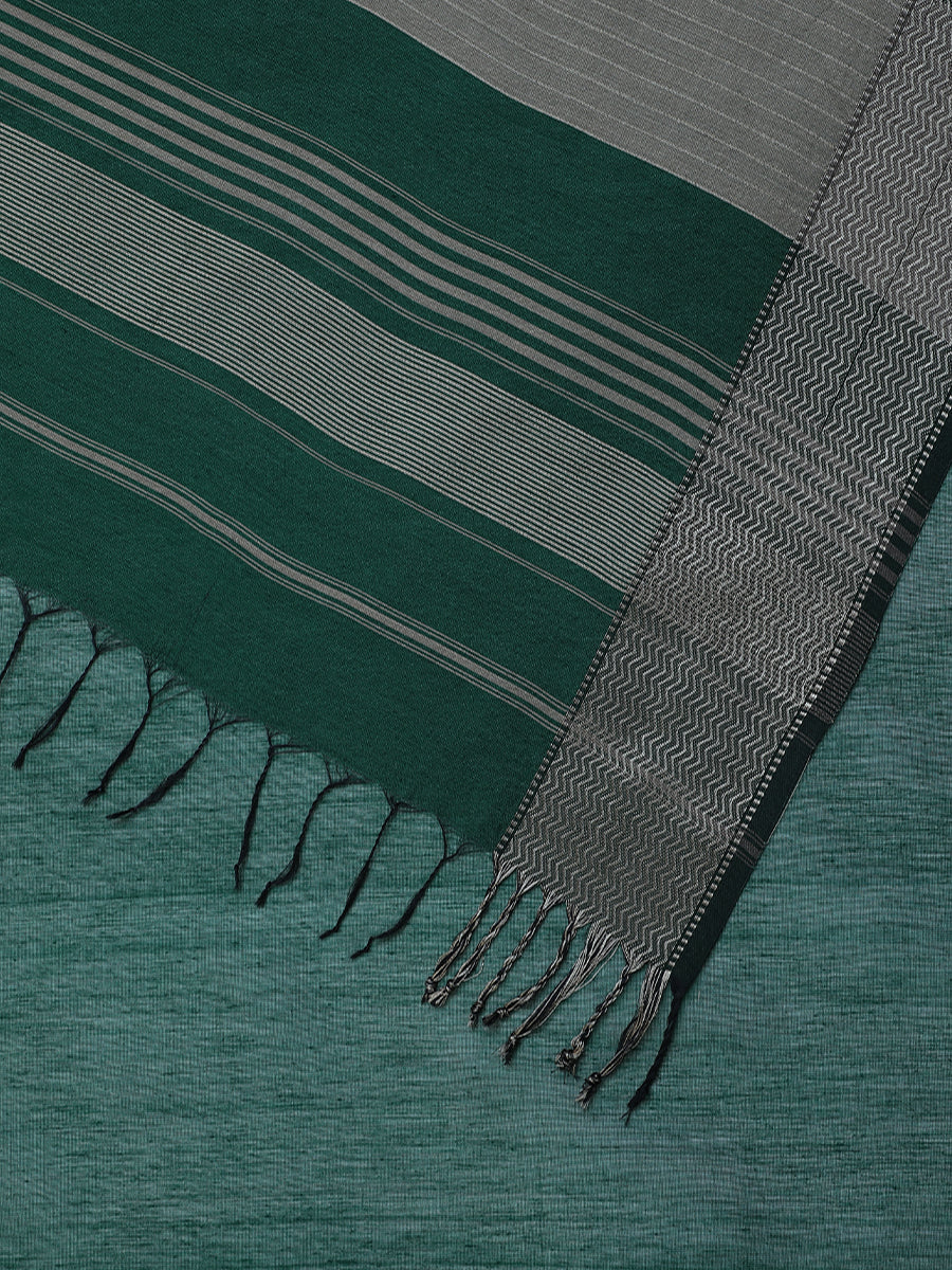 Maheshwari Cotton Silk Dark Green Saree With Big Woven Border - Image 2