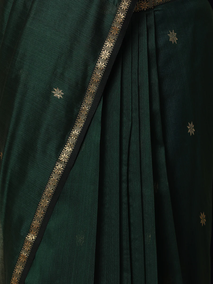 Maheshwari Cotton Silk Dark Green Saree With Chameli Phool Butta - Image 3