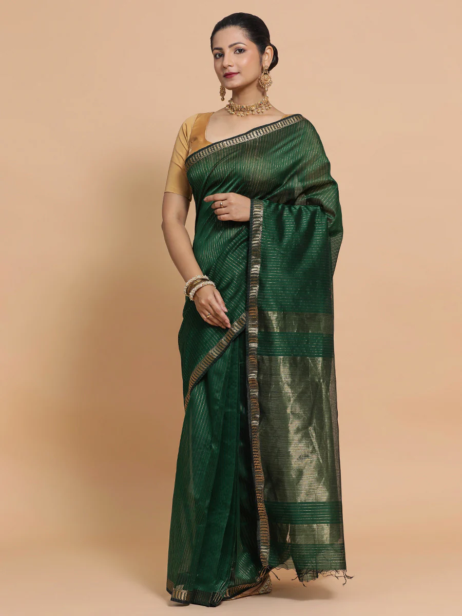 Maheshwari Handloom Pure Silk Cotton Dark Green Saree with Golden Zari Border - Image 3