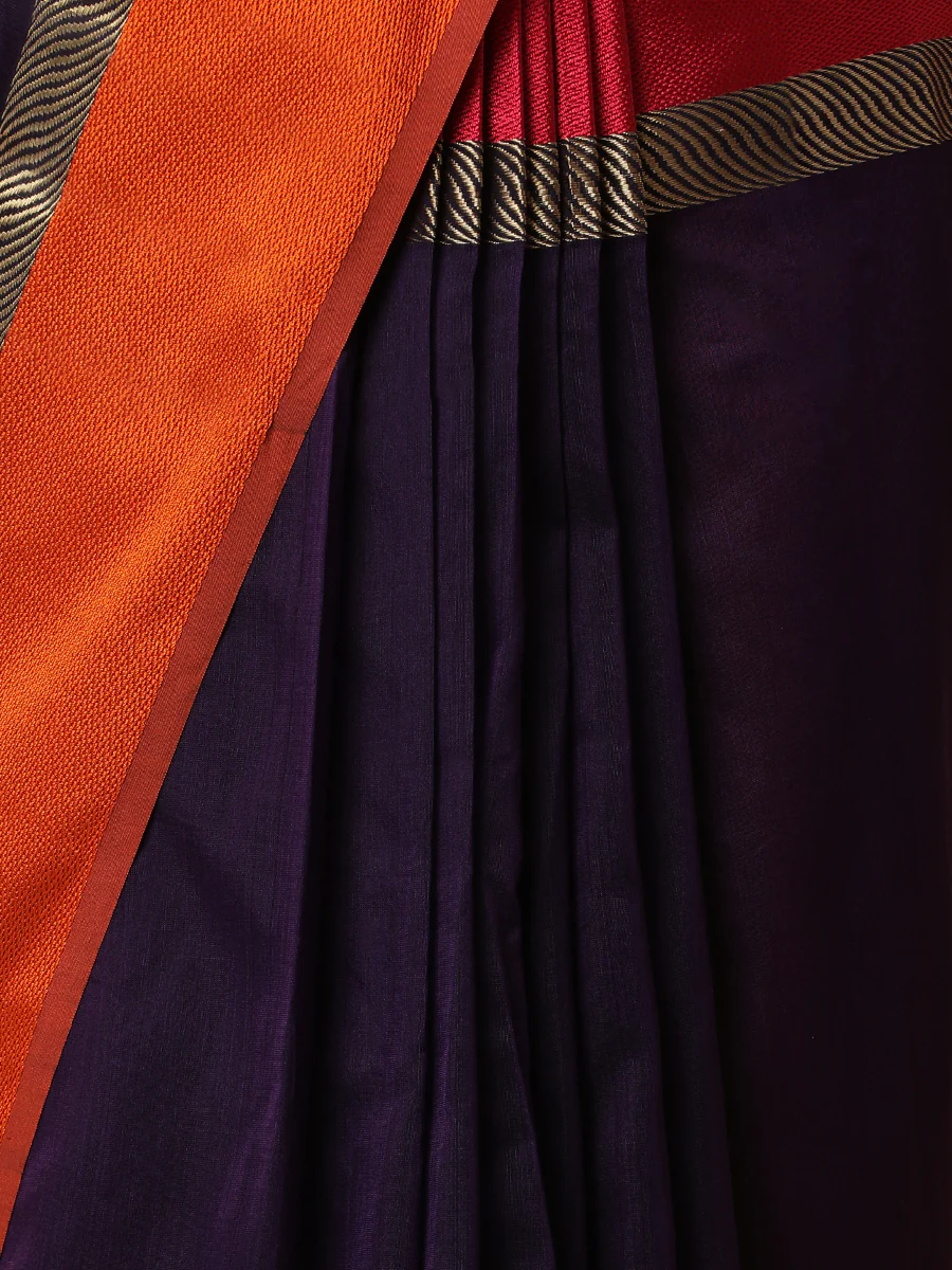 Maheshwari Cotton Silk Deep Purple Saree With Ganga-Jamuna Border - Image 3