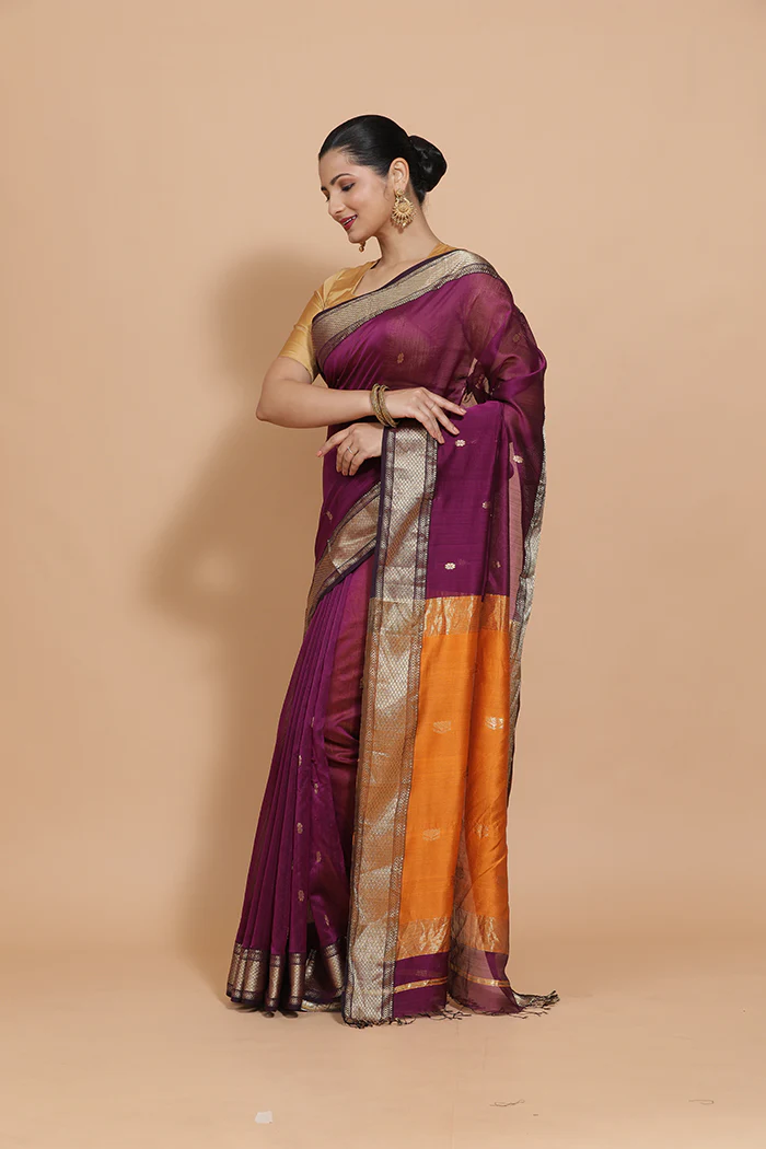 Maheshwari Cotton Silk Deep Purple Saree with Woven lotus Butta - Image 11