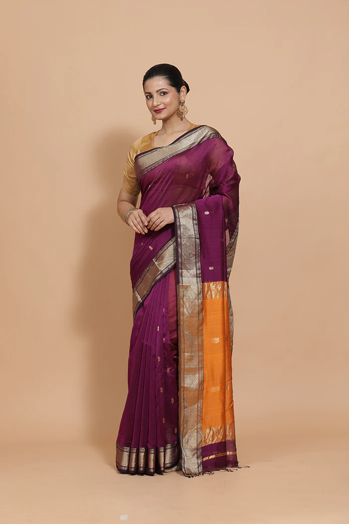 Maheshwari Cotton Silk Deep Purple Saree with Woven lotus Butta - Image 8
