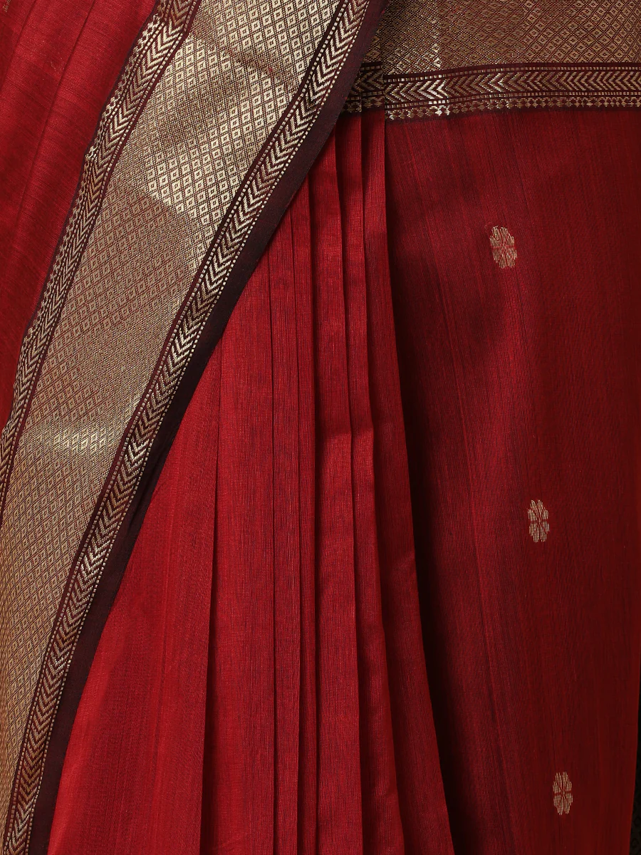 Maheshwari Cotton Silk Deep Red Saree With Woven Lotus Butta - Image 3