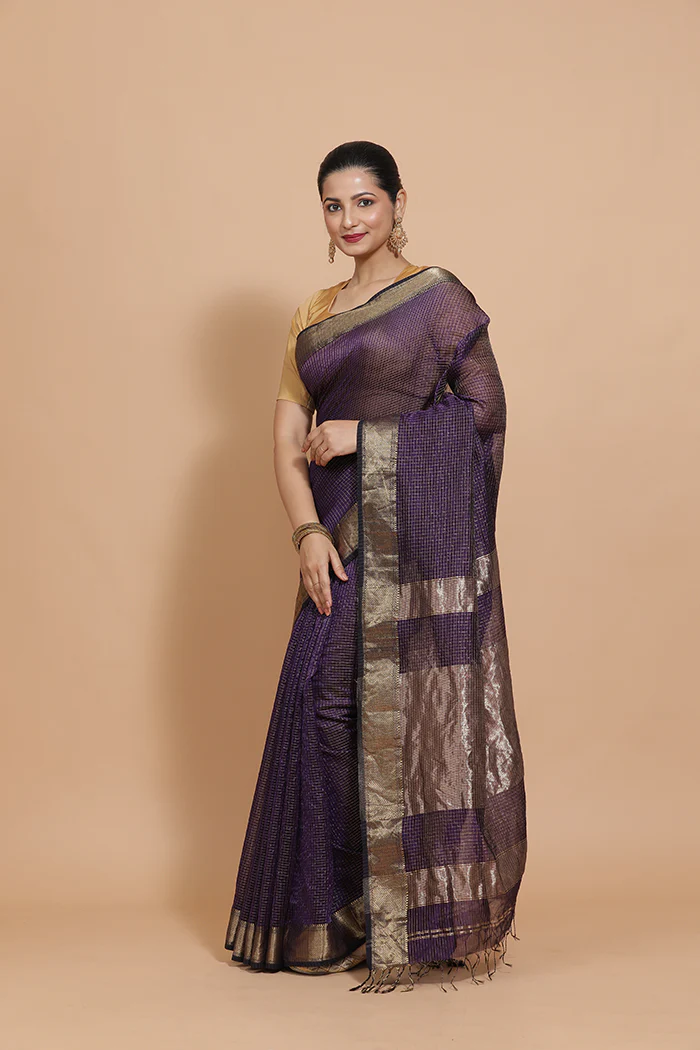 Maheshwari Cotton Silk Deep Violet Pin Check Zari Saree - Image 10