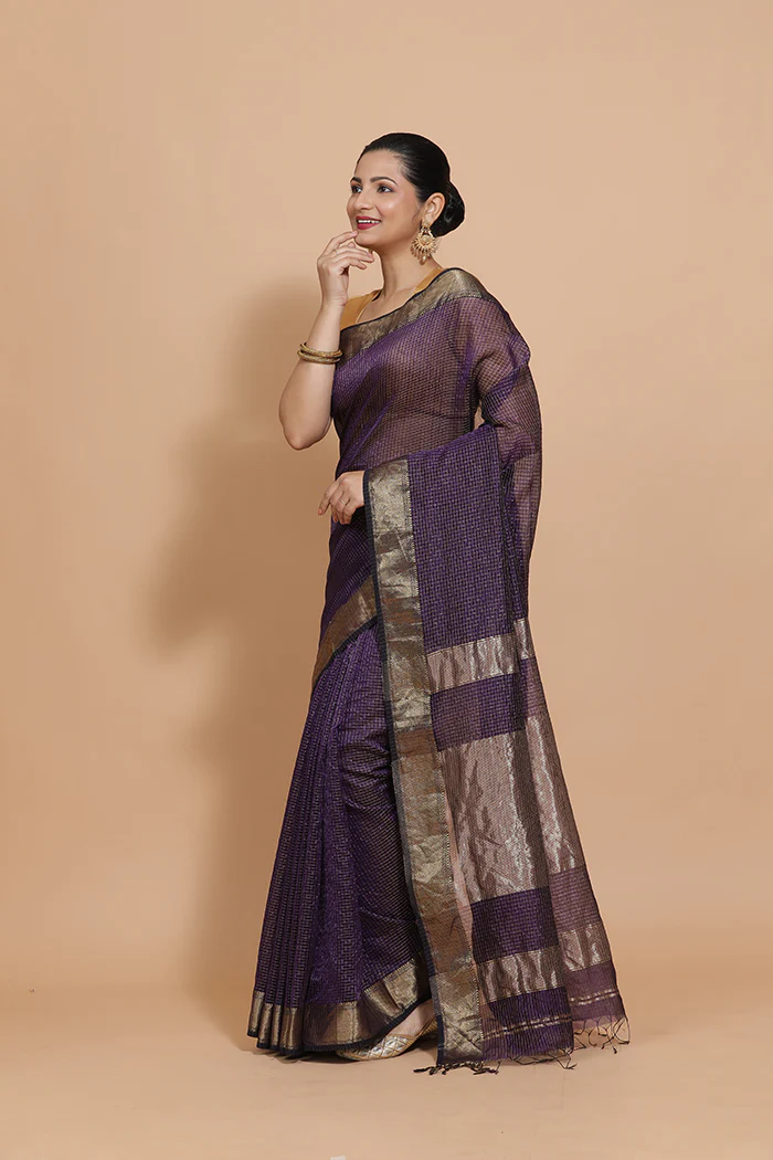 Maheshwari Cotton Silk Deep Violet Pin Check Zari Saree - Image 13