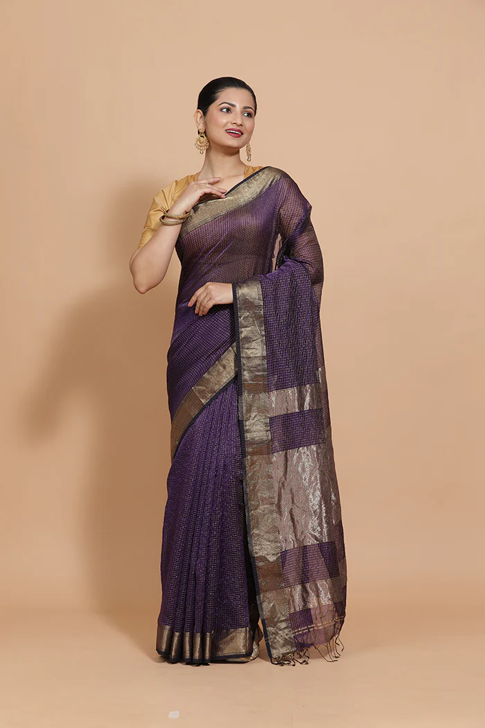 Maheshwari Cotton Silk Deep Violet Pin Check Zari Saree - Image 6