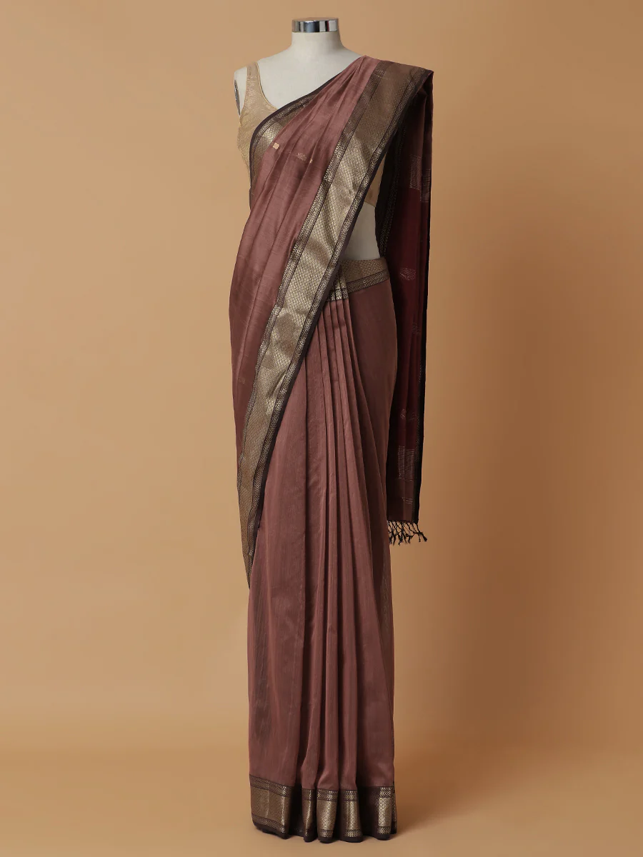 Maheshwari Cotton Silk Dusty Pink Saree With Woven Lotus Butta - Image 5