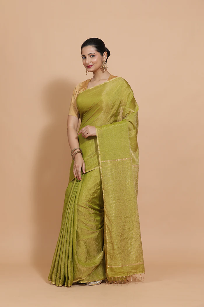 Maheshwari Cotton Silk Green Tissue Saree - Image 11