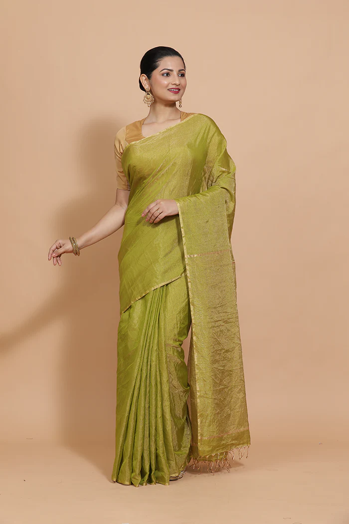 Maheshwari Cotton Silk Green Tissue Saree - Image 6