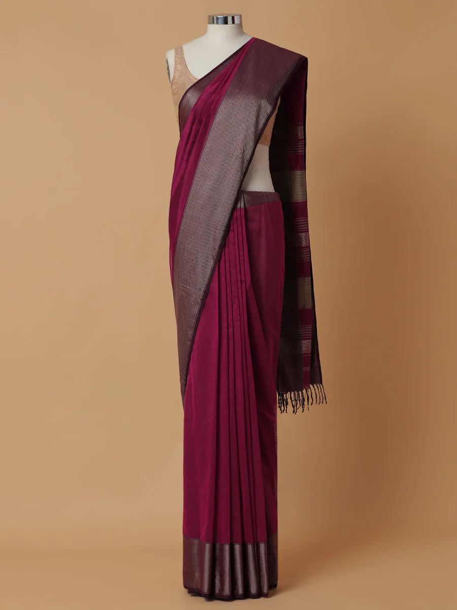 Maheshwari Cotton Silk Magenta Saree With Big Border - Image 5