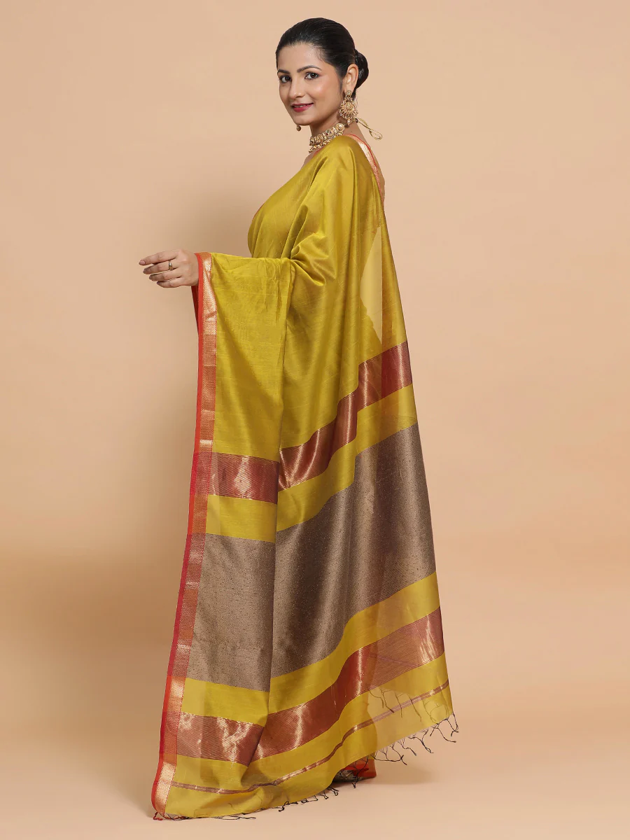 Maheshwari Handloom Pure Silk Cotton Mustard Saree with Kosa pallu - Image 8