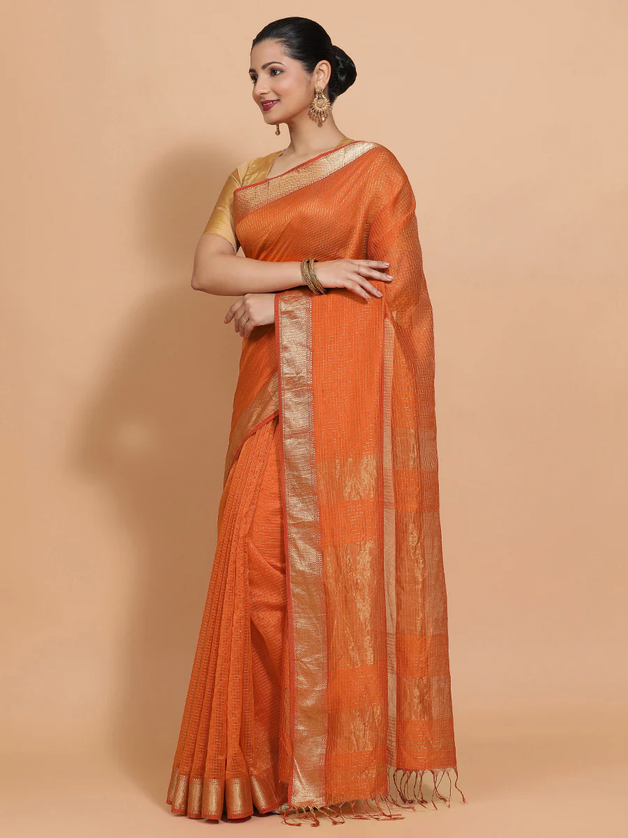 Maheshwari Cotton Silk Orange Pin Check Zari Saree - Image 10