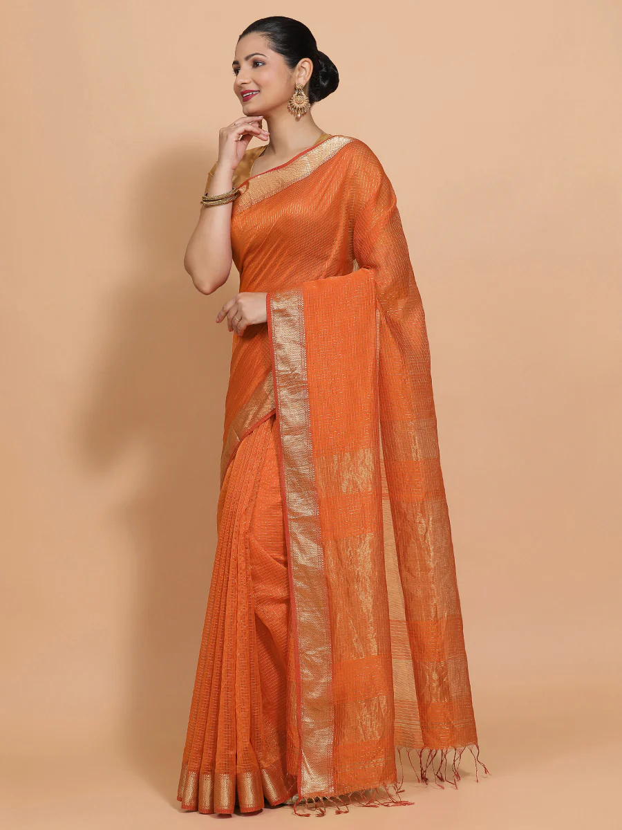 Maheshwari Cotton Silk Orange Pin Check Zari Saree - Image 11