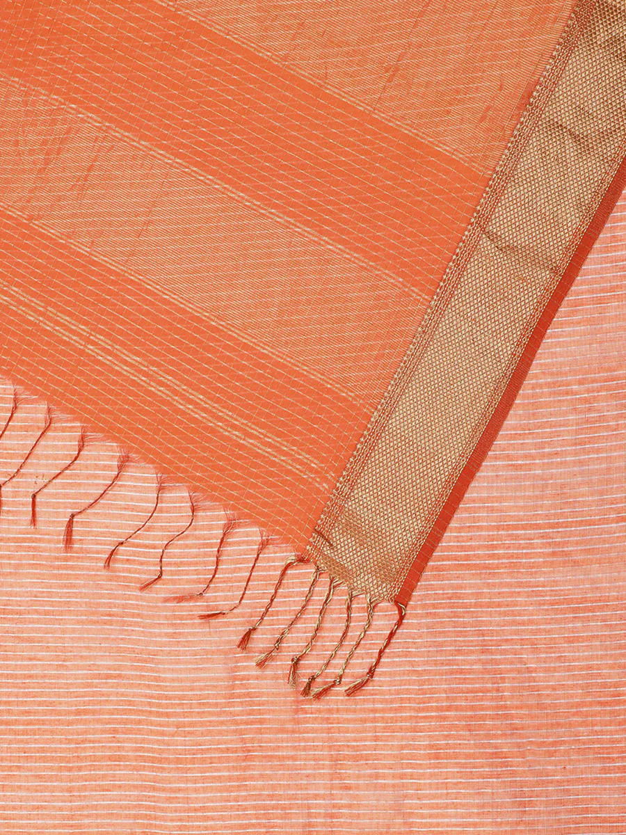 Maheshwari Cotton Silk Orange Pin Check Zari Saree - Image 13
