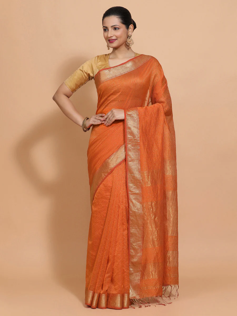 Maheshwari Cotton Silk Orange Pin Check Zari Saree - Image 5