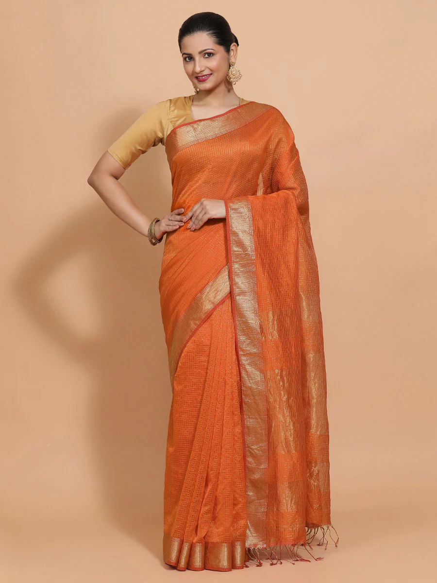 Maheshwari Cotton Silk Orange Pin Check Zari Saree - Image 6