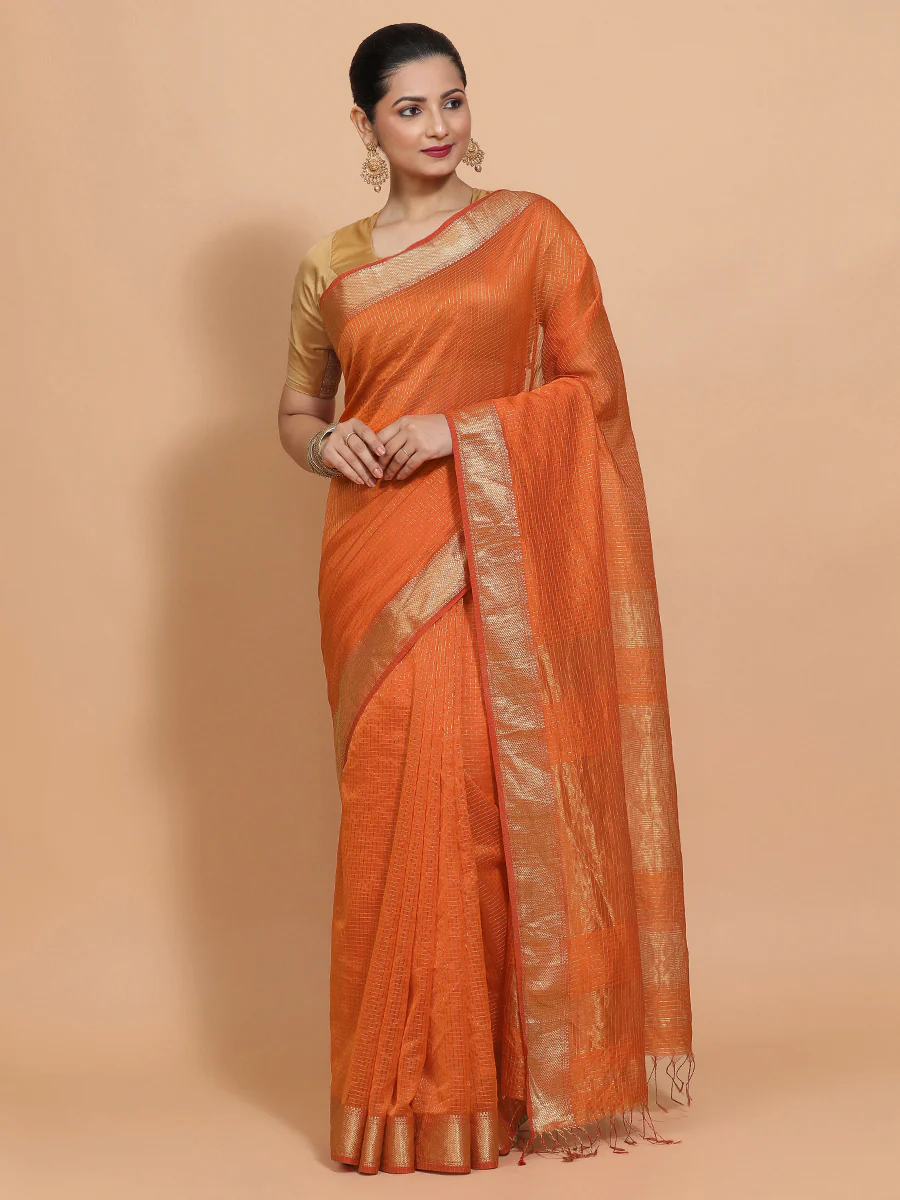 Maheshwari Cotton Silk Orange Pin Check Zari Saree - Image 7