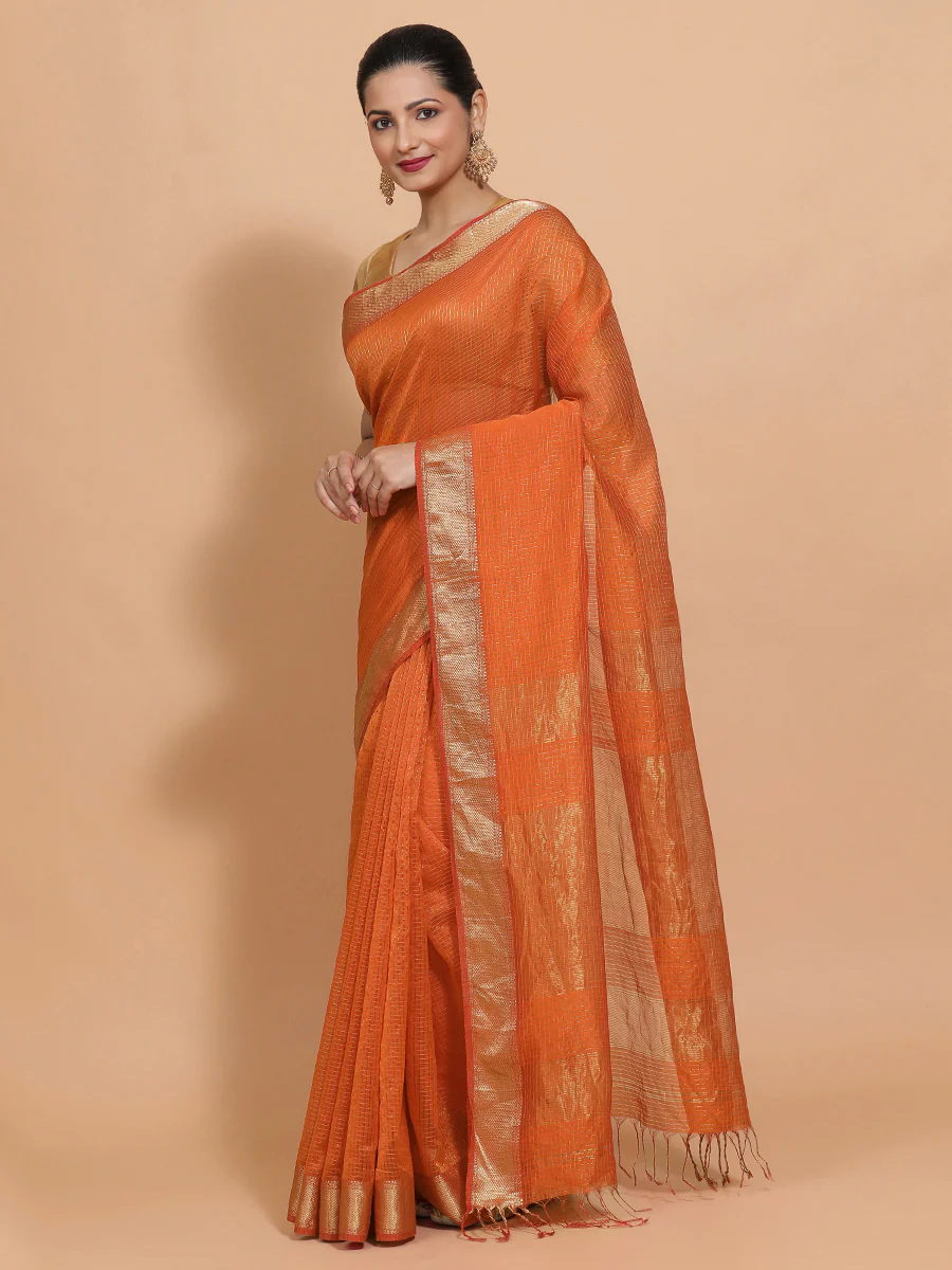Maheshwari Cotton Silk Orange Pin Check Zari Saree - Image 8