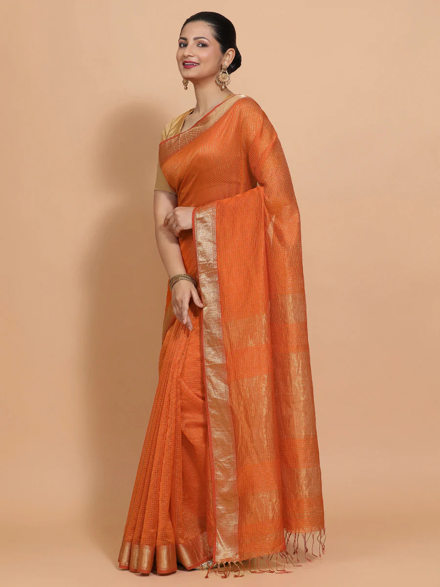 Maheshwari Cotton Silk Orange Pin Check Zari Saree - Image 9