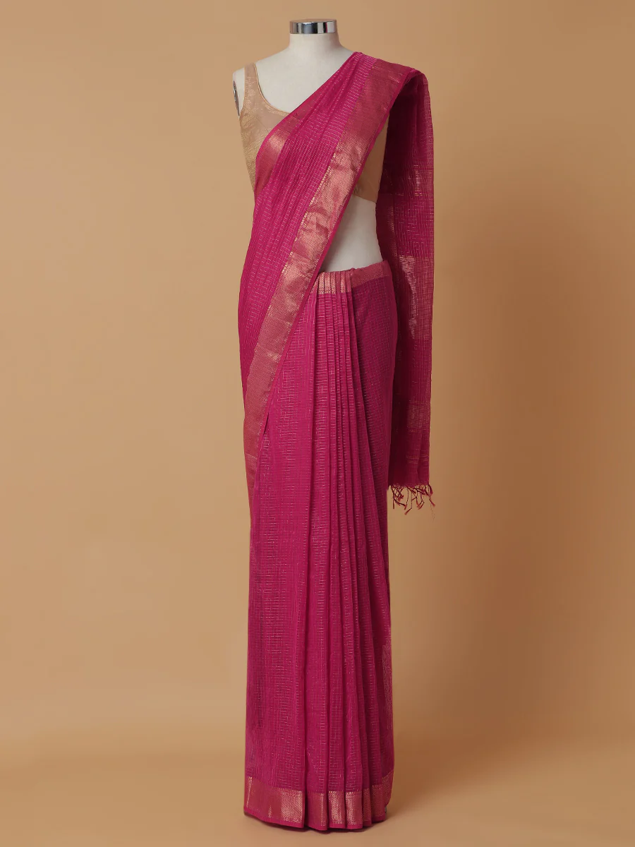 Maheshwari Cotton Silk Pink Pin Check Zari Saree - Image 5