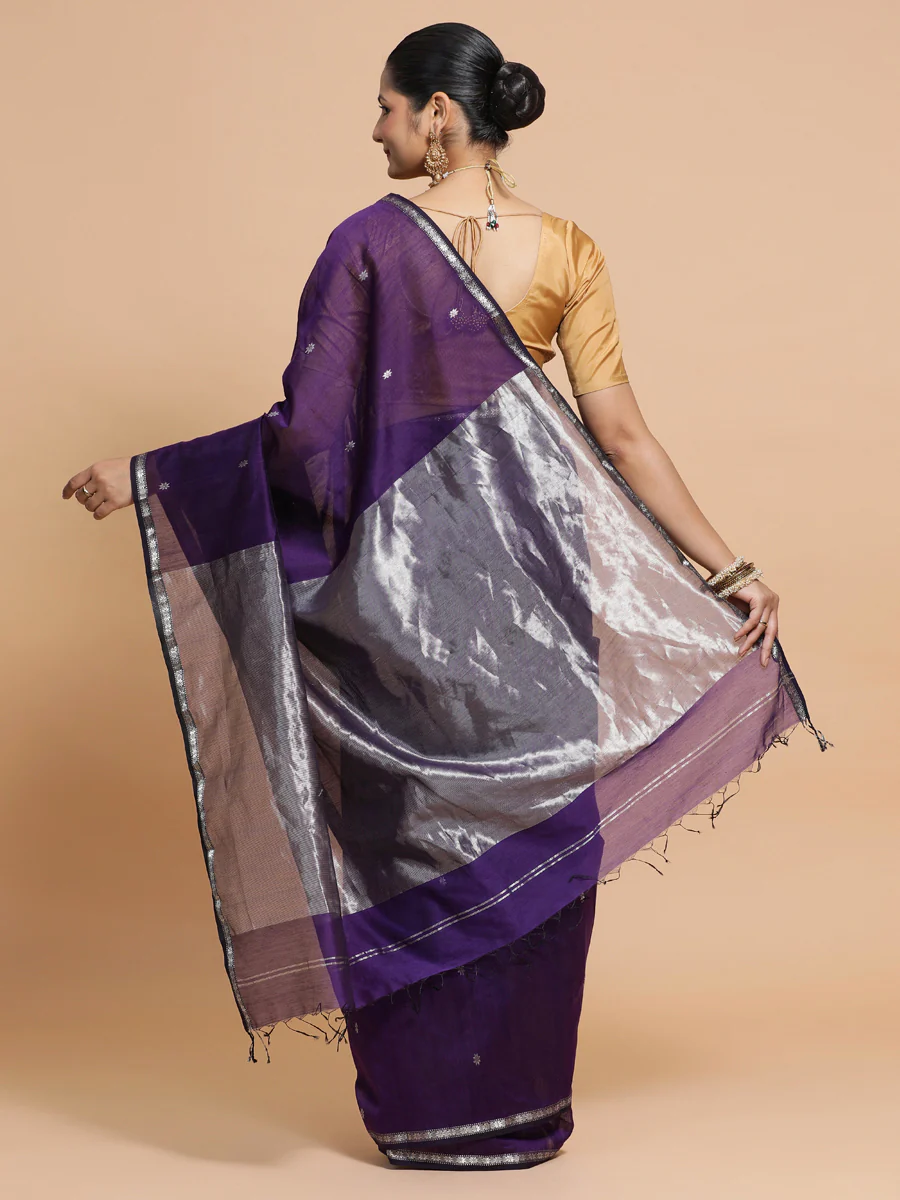Maheshwari Handloom Pure Silk Cotton Purple Saree with Silver Zari Border - Image 4