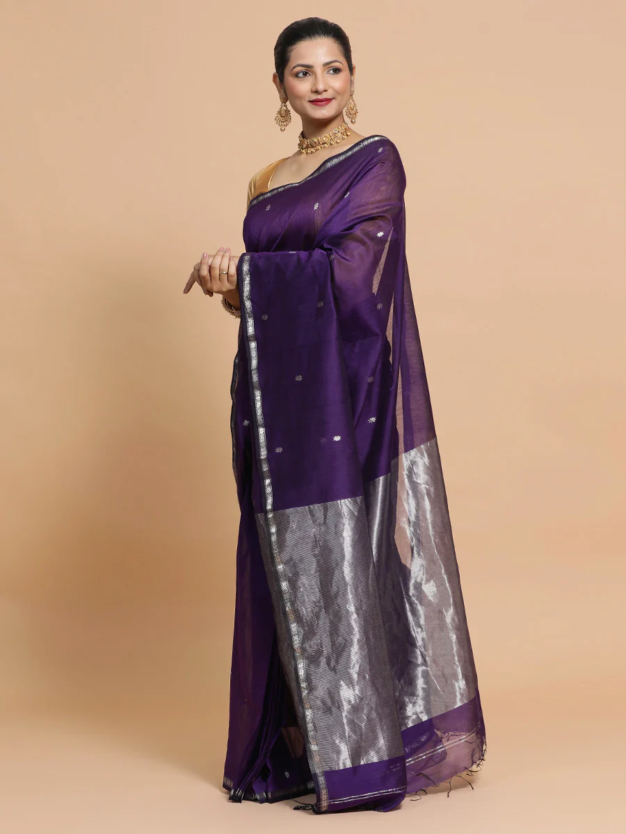 Maheshwari Handloom Pure Silk Cotton Purple Saree with Silver Zari Border - Image 5