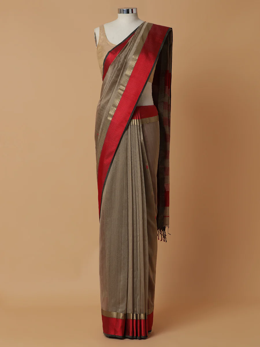 Maheshwari Cotton Silk Soft Grey With Woven Butta - Image 5
