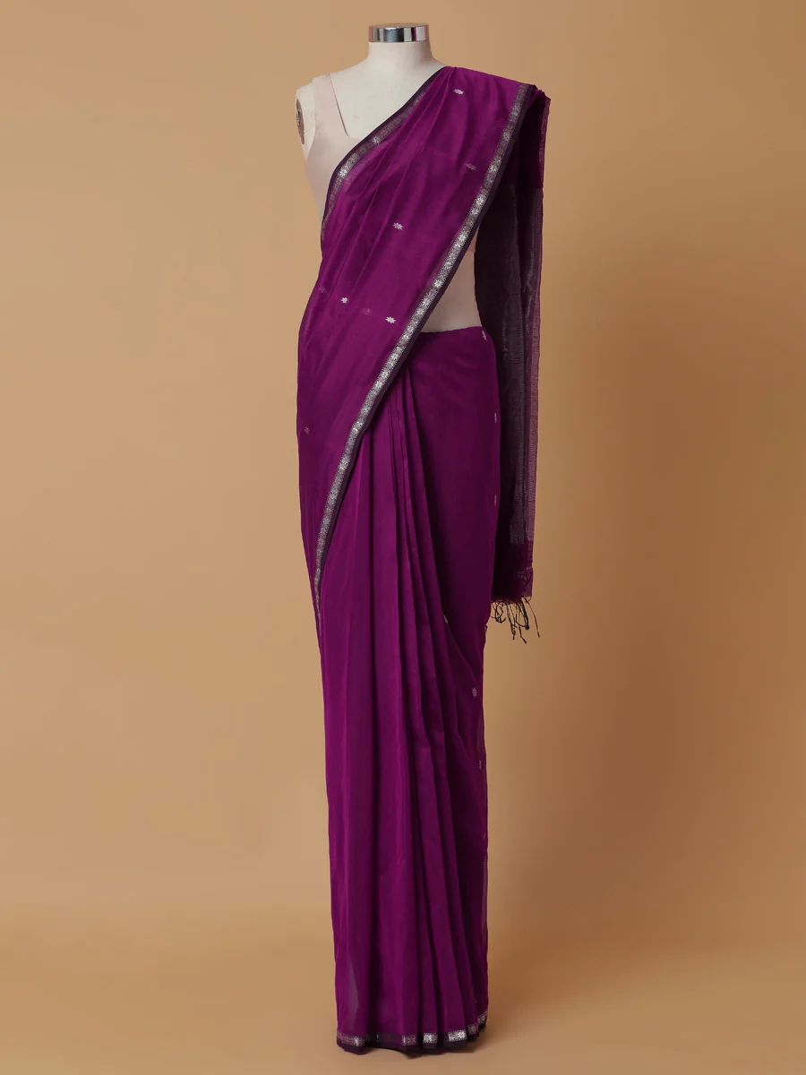 Maheshwari Cotton Silk Violet Chameli Butta Saree with Silver Border