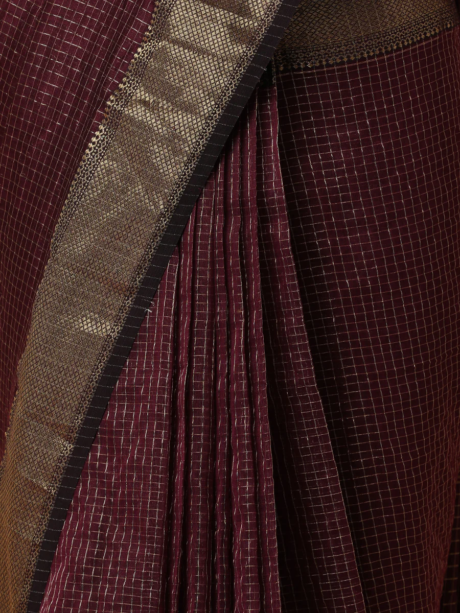 Maheshwari Cotton Silk Wine Pin Check Zari Saree - Image 3