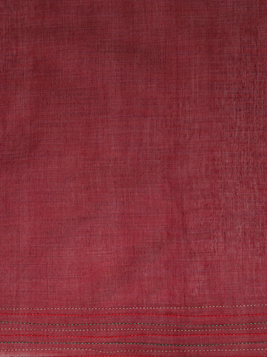 Maroon Kantha Embroidered Cotton Saree - Image 5