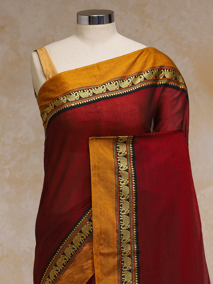 Maroon Wine Elephant Border Handloom Cotton Narayanpet Saree - Image 3