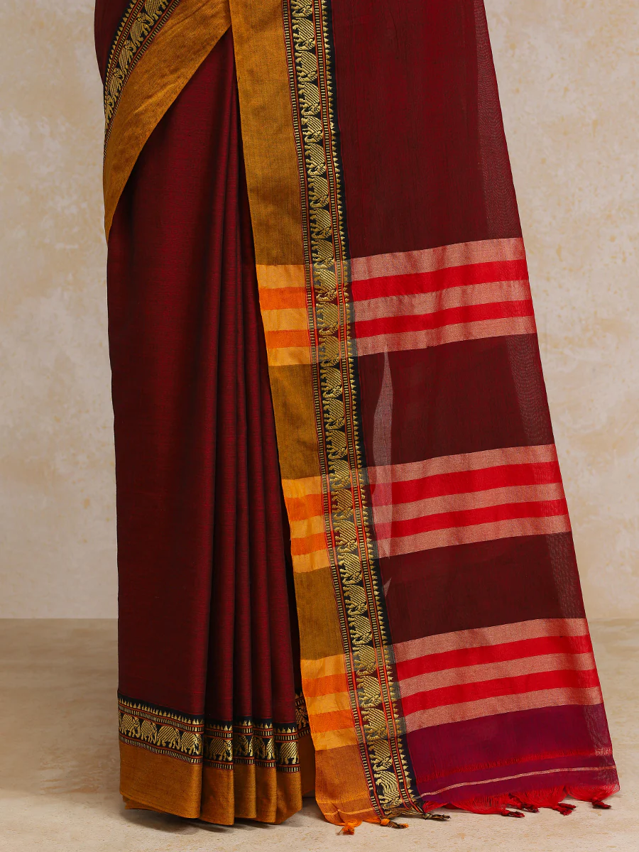 Maroon Wine Elephant Border Handloom Cotton Narayanpet Saree - Image 4