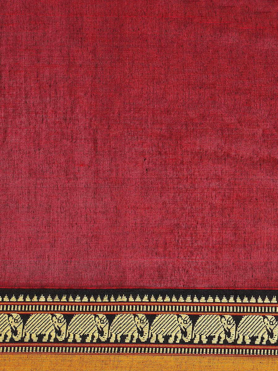 Maroon Wine Elephant Border Handloom Cotton Narayanpet Saree - Image 5