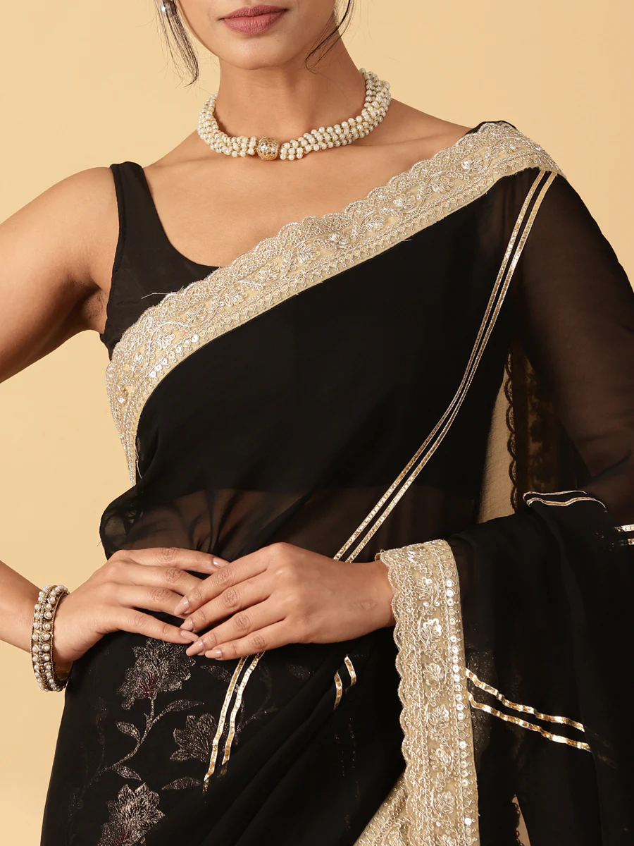 Meenakari Black Saree With Designer Zari Embroidered Lace - Image 3