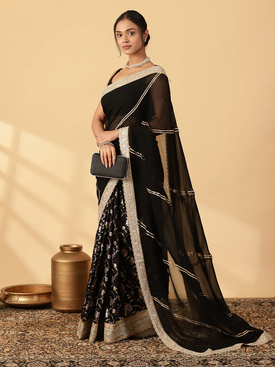 Meenakari Black Saree With Designer Zari Embroidered Lace - Image 7