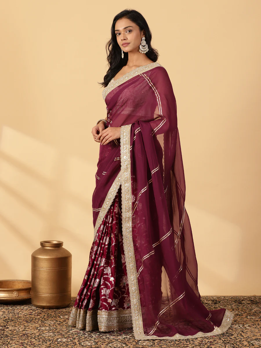 Meenakari Violet Saree With Designer Zari Embroidered Lace - Image 7