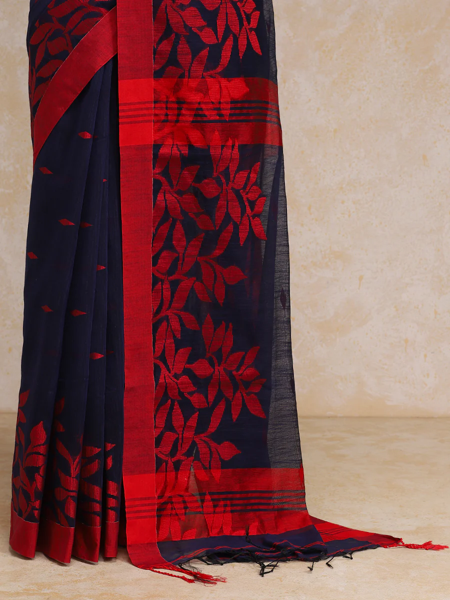 Midnight Blue Woven Floral Pattern Cotton Saree - Image 2