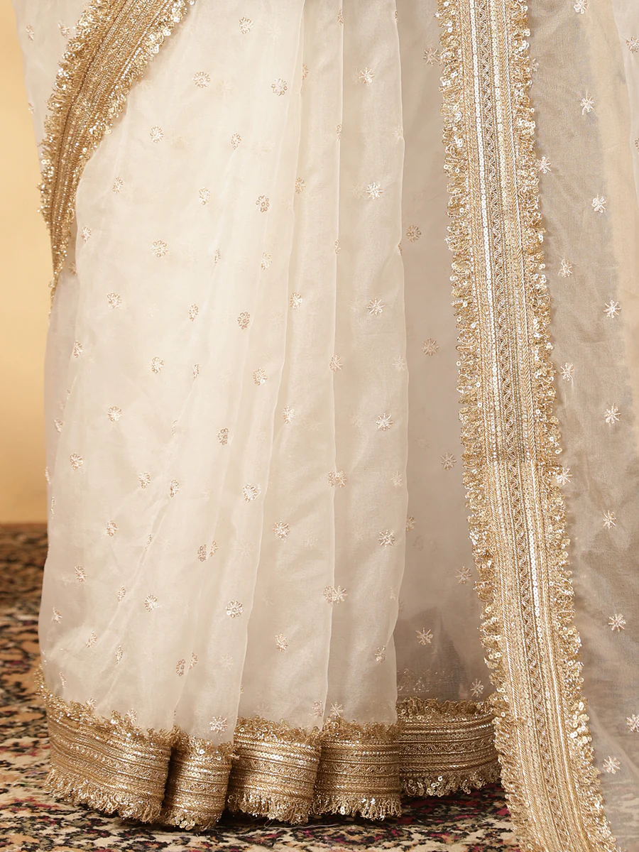 Mint Blue & Oyster White Organza Sequin Butta Saree With Designer Embroidered Lace - Image 5