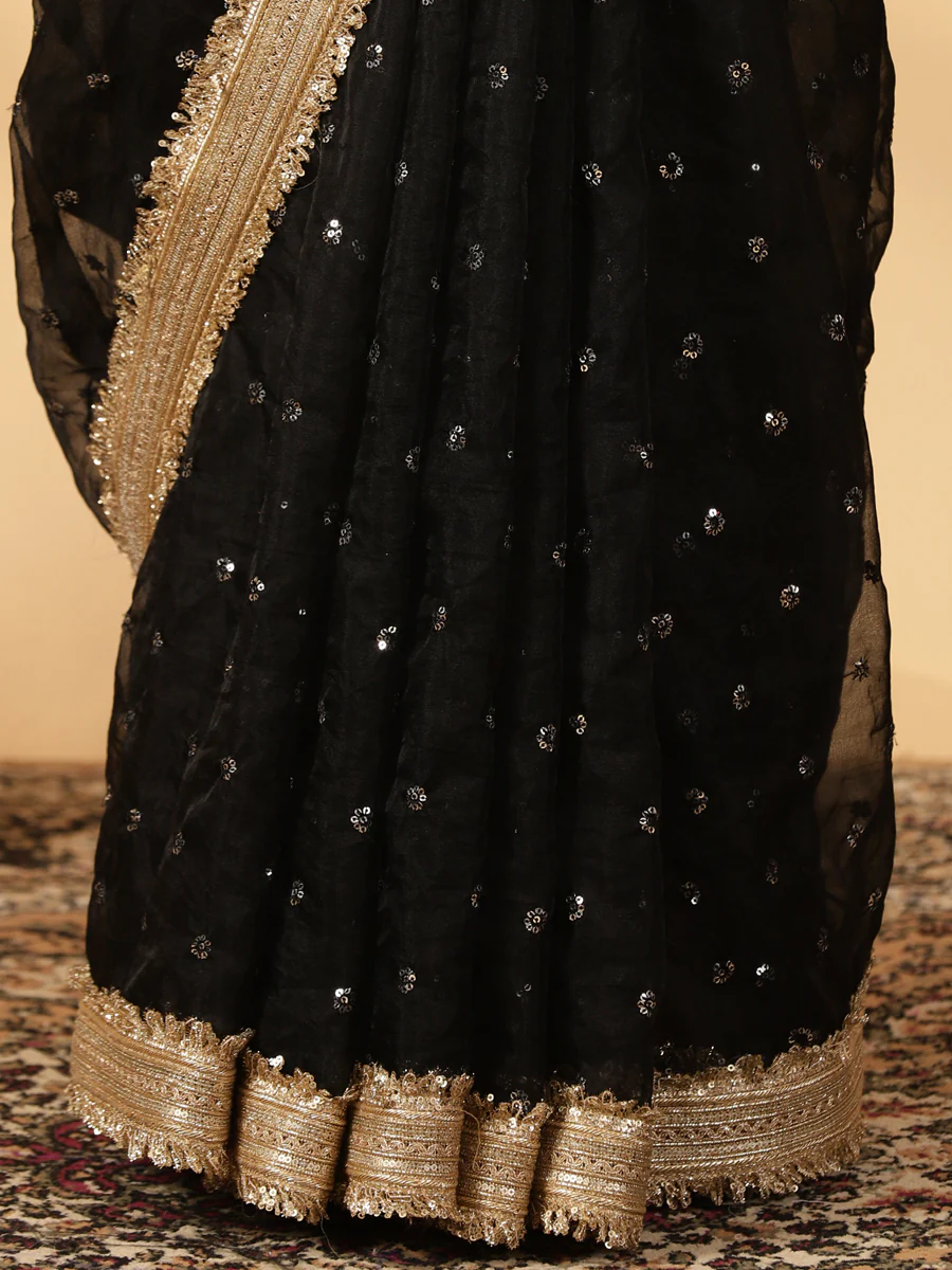 Mint Green & Black Organza Sequin Butta Saree With Designer Embroidered Lace - Image 4