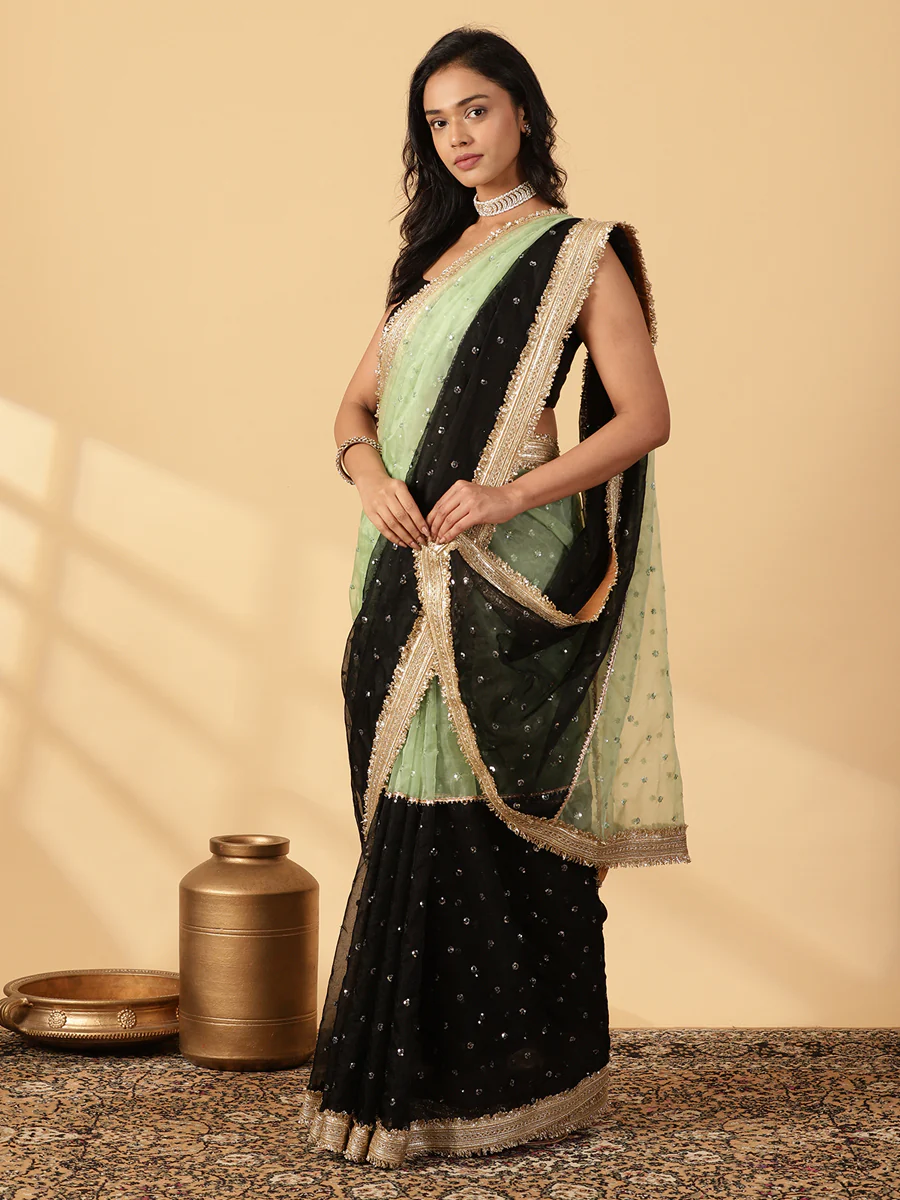 Mint Green & Black Organza Sequin Butta Saree With Designer Embroidered Lace - Image 7